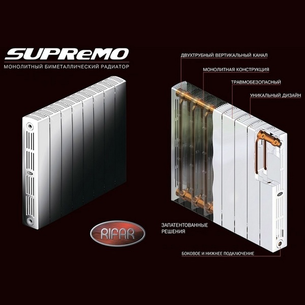 Монолитный биметаллический радиатор Rifar Supremo Ventil R 800-10 титан, нижнее правое подключение