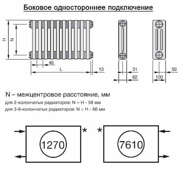 Трубчатый радиатор Zehnder Charleston 2056/53, боковое №1270, 3/4, L=2464 мм
