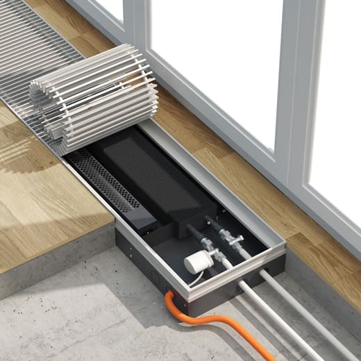 Конвектор внутрипольный Helios Therm CIAA-110-250-1000-RLA-S с вентилятором и решёткой