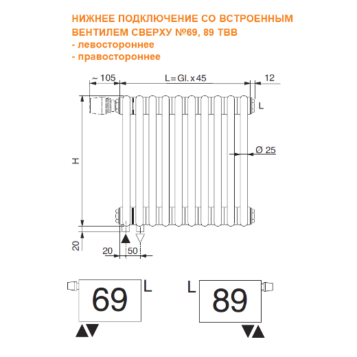 Трубчатый радиатор Arbonia 3057/26, нижнее подключение с вентилем №69 ТВВ, белый цвет