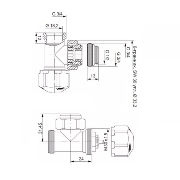 Вентиль термостатический угловой Hummel Designtechnik 3/4-1/2 (2480853502) хром