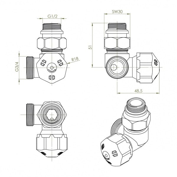 Вентиль термостатический 3-х осевой правый Hummel Designtechnik 3/4-1/2 (2483353590) белый