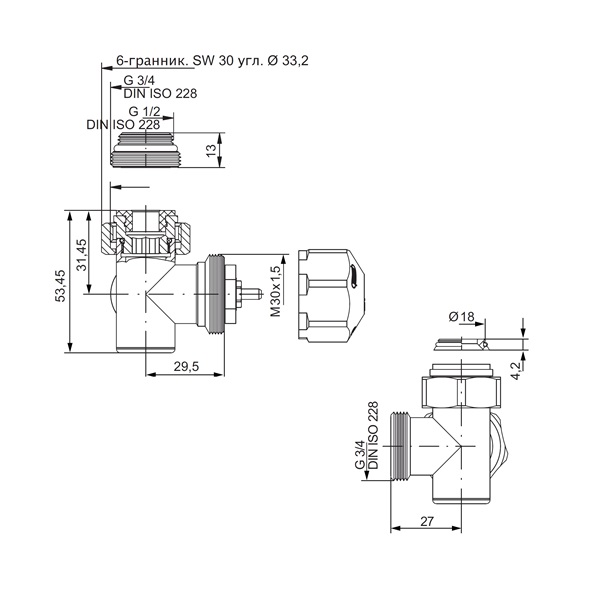 Вентиль термостатический 3-х осевой левый Hummel Designtechnik 3/4-1/2 (2484353590) белый