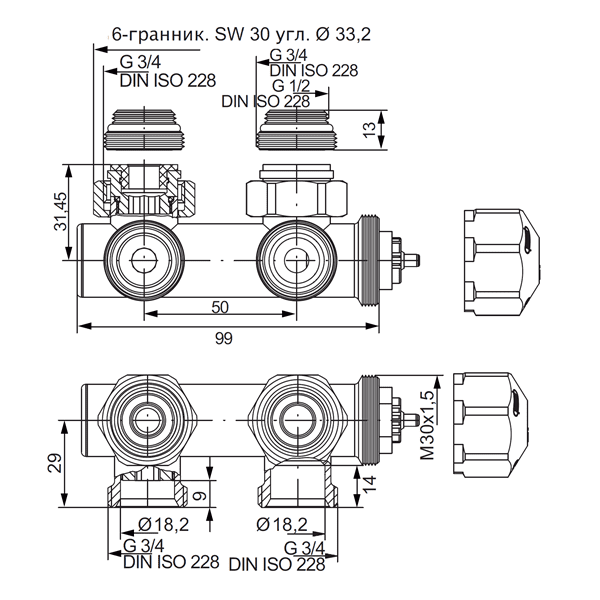 Узел термостатический угловой Hummel Designtechnik 3/4-1/2 (2481853580) матовый никель