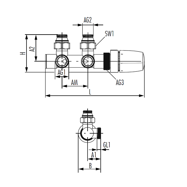 Узел термостатический угловой Hummel Designtechnik 3/4-1/2 (2481853516) антрацит
